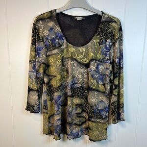 Christopher & Banks Pullover Scoop Neck Long Sleeve Top sz L Olive Green Floral